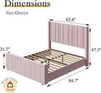 HOMBCK Queen Bed Frame Pink Upholstered Bed with Vertical Channel Tufted Headboard & 22" Footboard, Noise Free/Wooden Slats/Noise Free/No Box Spring Needed/Easy Assembly
