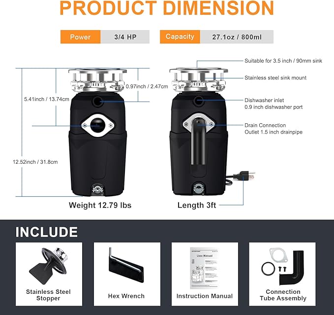 A600 Garbage Disposal 3/4 HP for Kitchen Sink, Food Waste Disposer Fast Continuous Feed Stainless Steel Grind, Quiet, Ease Install, With Power Cord, Powerful Drainage Compact Design 0.75 Horsepower