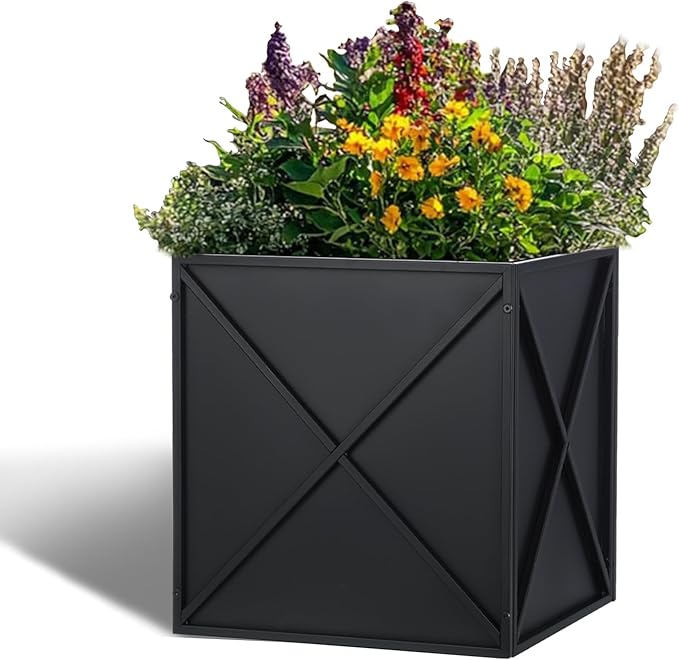 SUNNYPARK Large Metal Planter Box 17”x 17”x 18”, Square Modern Black Metal Planter Box Heavy Duty with Drainage Holes for Outdoor Garden Patio
