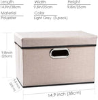 PRANDOM Foldable Storage Bin with Lid [3-Pack] Linen Fabric Decorative Storage Box Organizer Container Basket Cube with Handles Divider for Closet Office Living Room Light Grey(14.9x9.8x9.8)