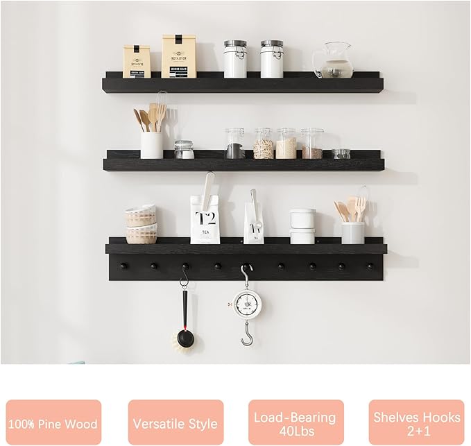 MBYD Black Picture Ledge Shelf with Hooks, 24 Inch Floating Book Shelves Kids Room, Wall Mounted Nursery Bookshelves, Hanging Bookshelf for Bedroom, Living Room, Kitchen, Bathroom Set of 3
