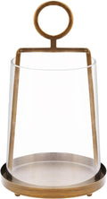 9" Wide Modern Farmhouse Metal Hurricane Candle Holder with Handmade Sturdy Glass Sleeve in Antique Brass for Pillar Candle & Plants, Hurricane Lantern, Industrial, Minimalistic (1, Brass, 9"x14")