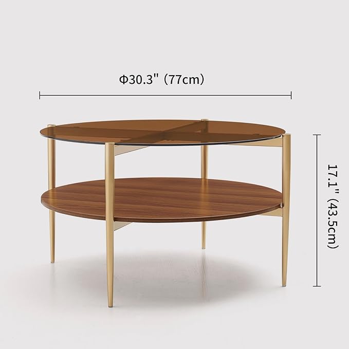 Round Coffee Table, Mid-Century Modern Design, D30 x H17, for Living Room, 2-Tier Structure, Amber Glass Top and Walnut MDF Shelf, Sleek Conical Metal Legs with Gold Finish