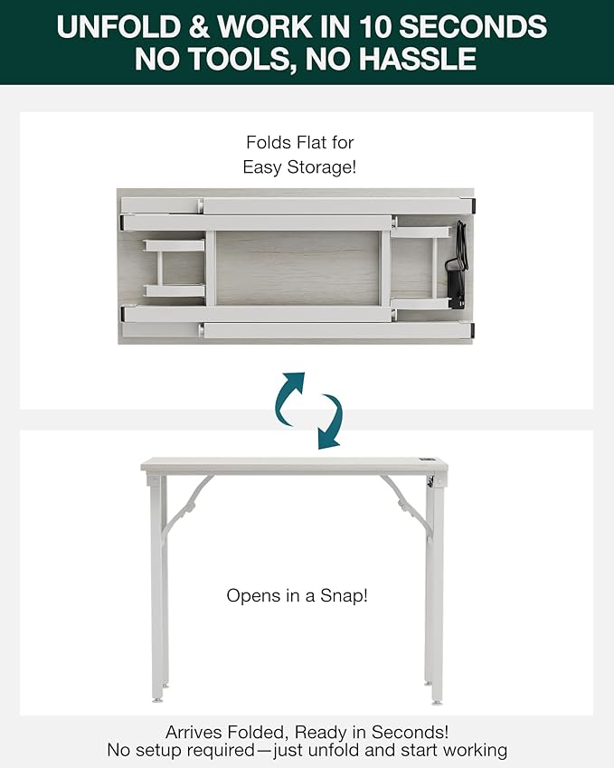 Frylr Small Folding Computer Desk – 35.8 Inch Portable Table for Craft and Study, Lightweight Desk for Small Spaces, Foldable Laptop Table Built-in AC/USB Outlets for Convenience, White Ash