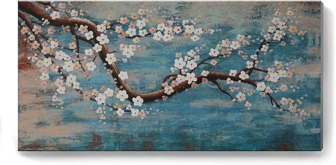 Huge Wall Art for Living Room 100% Hand-Painted Flower Oil Painting On Canvas Gallery Wrapped Floral Plum Blossom Artwork for Bedroom Office Decor One Panel 60x30inch Extra Large