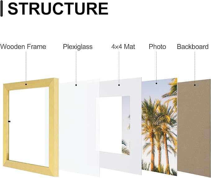 Vittanly 8x8 Picture Frames Set of 9, Shatter Resistant Plexiglass, Display 4x4 Pictures with Mat or 8x8 without Mat, Photo Frames for Wall Mount, Engineered Wood, Gold