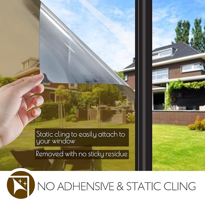 HIDBEA One Way Privacy Window Film, Daytime Mirror Reflective Heat Control UV Sun Blocking Non-Adhesive Static Cling Window Tint for Home and Office (Brown-Silver, 35.4 Inch x 16.4 Feet)
