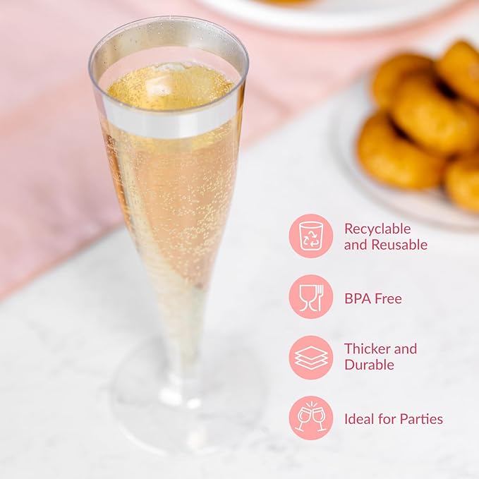 Prestee Set of 24 Silver Glitter Plastic Champagne Flutes - 4.5 oz Capacity - Shatterproof Durable Disposable Glasses - Elegant Design - Ideal for Weddings, Cocktail Parties, and Outdoor Celebrations