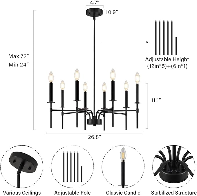 8 Light Black Chandelier Light Fixture, Modern Farmhouse Chandeliers for Dining Room Light Fixture, Metal Candle Pendant Chandelier for Foyer Entryway Stairs Living Room Bedroom Kitchen