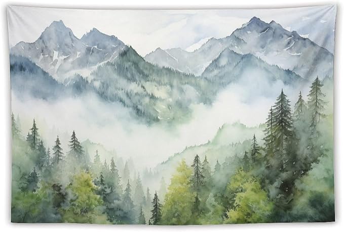 HZOHNAGO Mountain Tapestry Misty Green Forest Mountain Pattern Printed Wall Tapestry Wall Hanging for Bedroom Living Room Dorm 60" W x 40" H