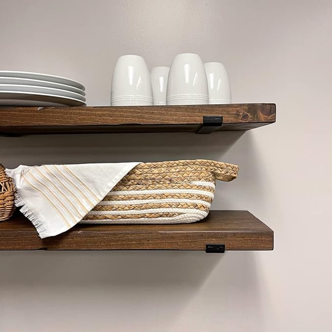 Rustic Shelves with J-Brackets Set of 2, Industrial Shelf, Kitchen Shelves, Solid Wood, Decorative Wall Storage, Heavy Duty, URBANDI (Provincial, 24Wx6D)
