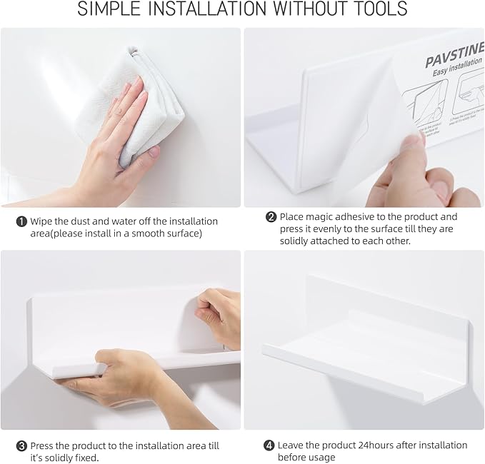 Acrylic Wall Floating Shelves Set of 2, Wall Shelves White 12 Inch Adhesive Wall Organizer Adhesive Shelf for Bathroom, Kitchen, Bedroom, Office, Gaming Room, No Damage, No Drill