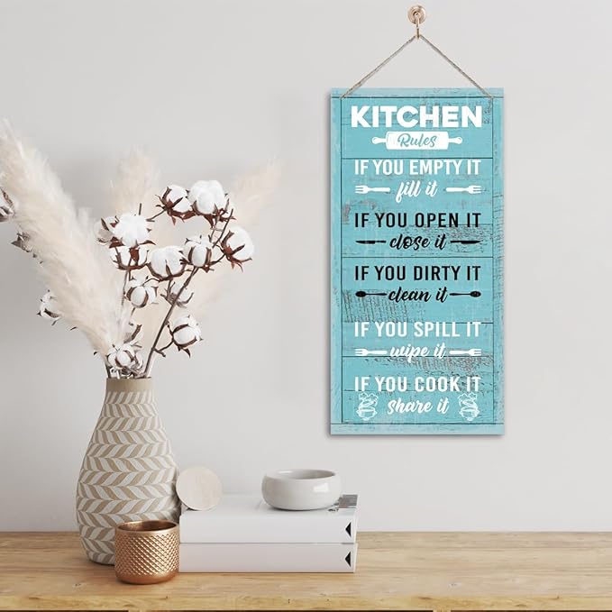 Hanging Kitchen Rules Wood Decor Sign, Rustic Kitchen Wooden Signs, Printed Wood Wall Art Sign, Kitchen Door Rules Rustic Sign, Hanging Wood Sign Kitchen Decor, Funny Farmhouse Kitchen Wall Décor G1