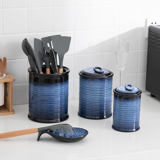 Nihow Food Storage Jar Sets: Ceramic Container with Air Tight Lid for Flour/Sugar/Rice/Coffee/Cookies/Candy - Seal Damp-proof Canister for The Kitchen - Set of 3 （Blue & Black）