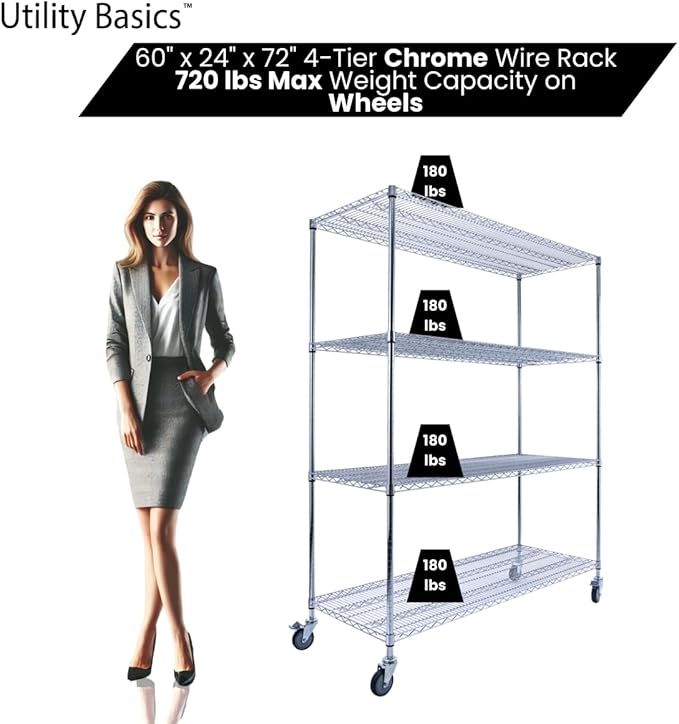 60"x24"x72" PREMIUM METAL STEEL 4-Tier Wire Shelving NSF 3200 LBS MAX Capacity Heavy Duty Storage Rack for Hospitals, Schools, Commercial Spaces, and Garages w/PREMIUM Wheels