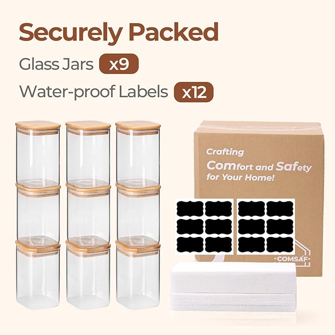 ComSaf 1.2 Qt Glass Storage Containers with Lids, Glass Jars with Lids, Clear Food Storage Jar, Square Canister Set of 9, Pantry Organizers and Storage for Cookie Flour Oat Pasta Tea Coffee Bean