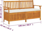 vidaXL Patio Storage Bench 58.3" - Solid Acacia Wood with Cream White Cushion - Versatile Wooden Bench for Indoor and Outdoor Use - with Ample Storage Space