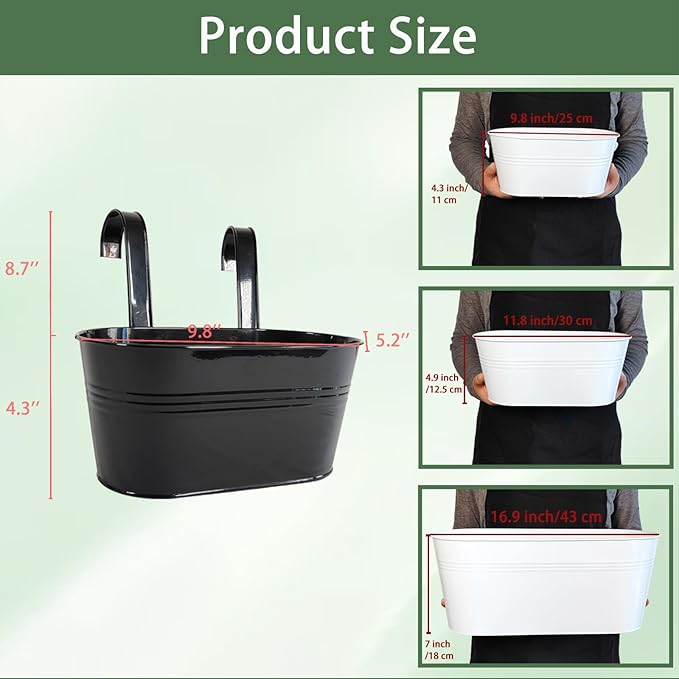 6 Pack Metal Hanging Planter for Outdoor Plants, 10 Inch Black Fence Planters Railing Pots for Garden Patio Balcony Decor, Flower Bucket with Detachable Hooks (Black, 6Pcs)