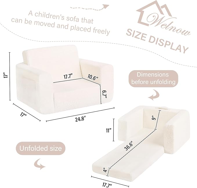 Welnow 2-in-1 Kids Sofa Chair, Convertible Toddler Chair Flip Out Children Sofa Chair Folding Kids Play Sofa with Side Pockets & Removable Cover Armrest Chair for Girl or Boy