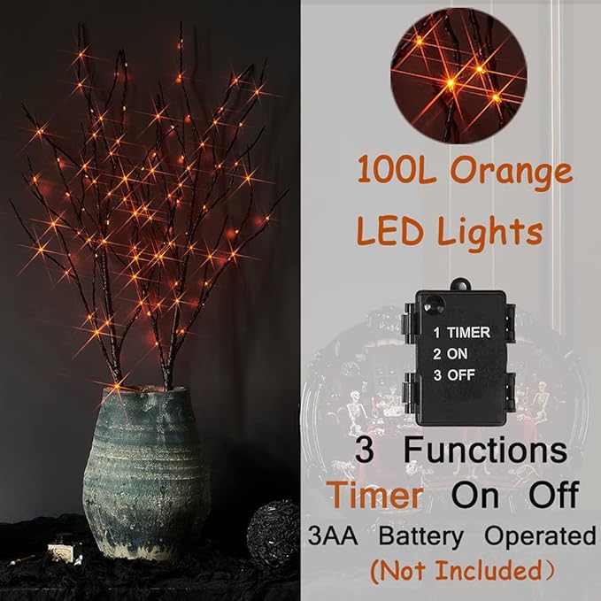 LITBLOOM Halloween Tree Branch Lights 32IN 100 Orange LED with Timer, Lighted Black Twig Branches with Fairy Lights for Halloween Decoration Indoor Outdoor