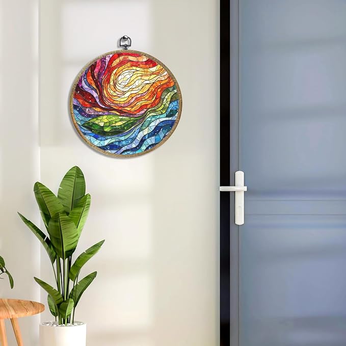 Colorful Boho Rainbow Geometric Spiral Sun Art Gift Framed Round Wall Decor Canvas Wall Art Hanging Prints Artwork for Home Office Bathroom Bedroom Living Room Decorations 10.2X10.2 Inch