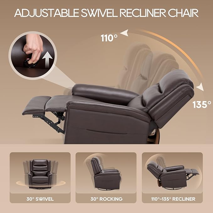 COLAMY Oversized Leather Recliner Chair, 360°Swivel Rocking Manual Recliner with Thick Cushioned Padding Backrest and Wide Seat - Darkbrown