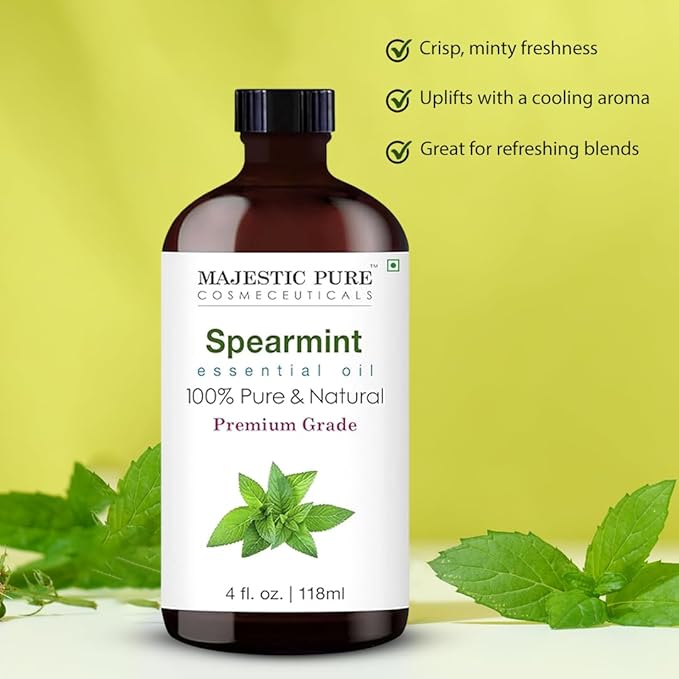 Majestic Pure Spearmint Essential Oil with Glass Dropper - Huge 4 Fl Oz - 100% Pure and Natural Spearmint Oil - Premium Grade Essential Oils for Diffuser, Aromatherapy, Soap and Candle Making