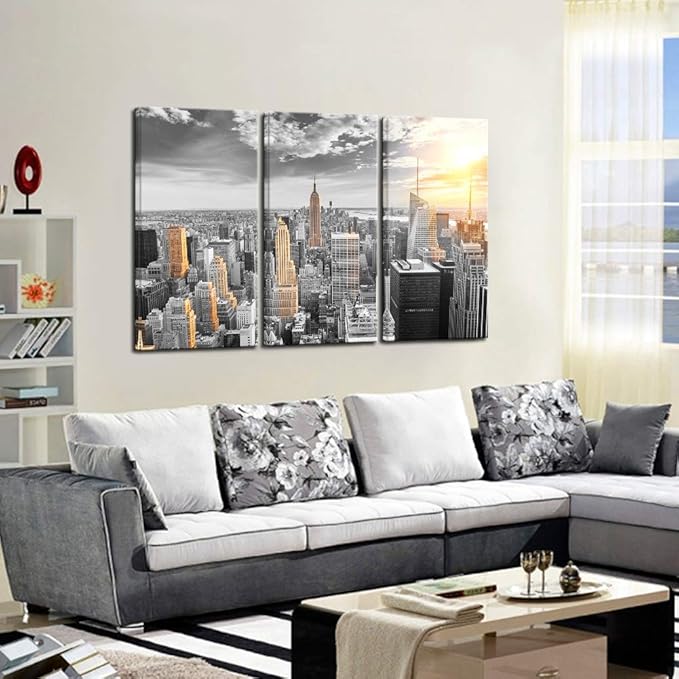 LevvArts Large 3 Piece New York City Canvas Wall Art Modern Black and White NYC at Gold Sunset Picture Prints Cityscape Skyline Poster Framed for Home Office Living Room Decor