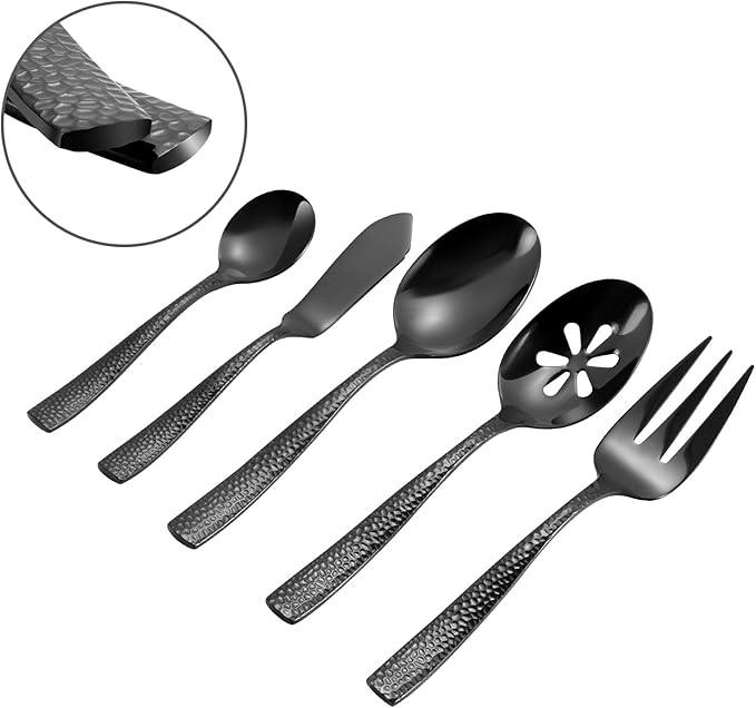 Silverware 45-Piece Black Hammered Flatware Set with Serving Utensils Stainless Steel Thick Handle Mirror Polished Cutlery Set for Wedding Hotel Restaurant, Service for 8