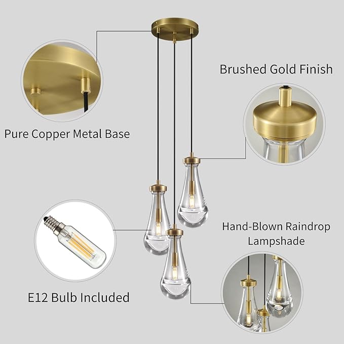 Brass 3 Light Pendant Lighting for Kitchen Island, Raindrop Cluster Pendant Light Fixture, Adjustable Hanging Rope Glass Chandelier Dining Room Light Fixture Ceiling Lamp for Foyer Hallway