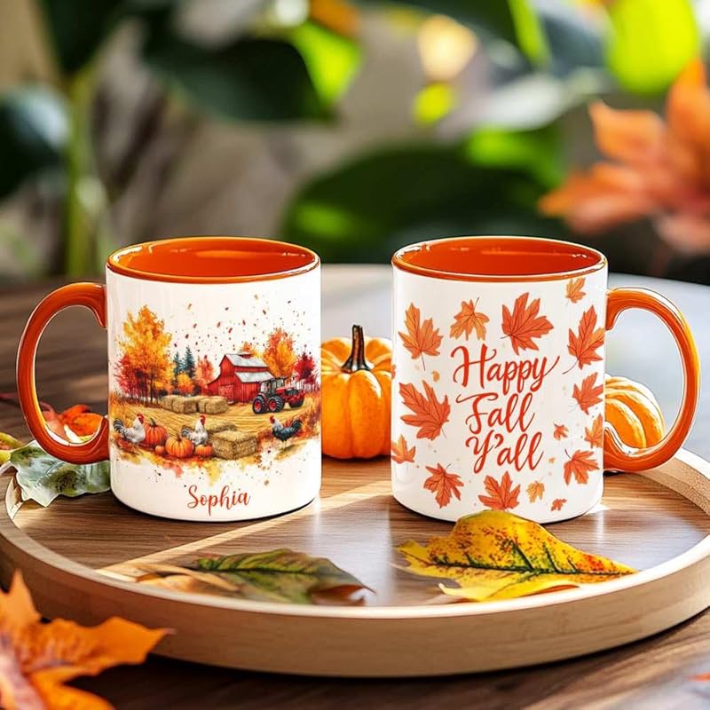 Personalized Fall Farm Coffee Mugs - Farm Lover Mugs Gift for Women Men - Fall Autumn Decor Gifts For Home Farmhouse Thanksgiving - Happy Fall Y'all Mug - 11oz Printed Ceramic Mug