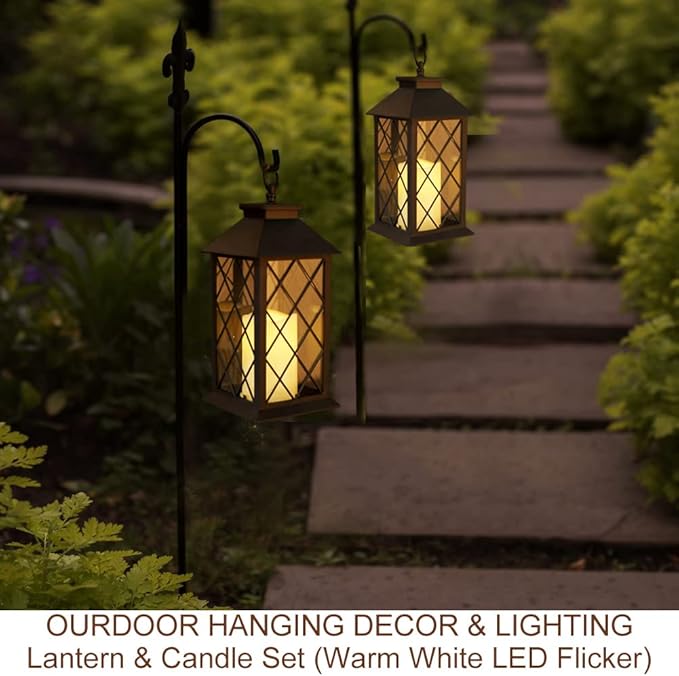 Bright Zeal 2-Pack 13.5" Vintage Candle Lantern with LED Pillar Candle (Black, 6hr Timer) - IP44 Waterproof Battery Powered Candle Lantern - Outdoor Patio Hanging Lantern Decorative Tabletop Lantern