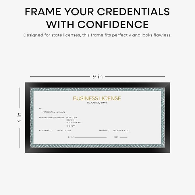 Homeforia 4x9 Business License Frame Black, High End Metal 4 x 9 Certificate Frames with Real Glass, 9x4 Document Frames for Wall or Tabletop, 4 by 9 Picture Frames, Tempered Glass, Wall Kit, Set of 1