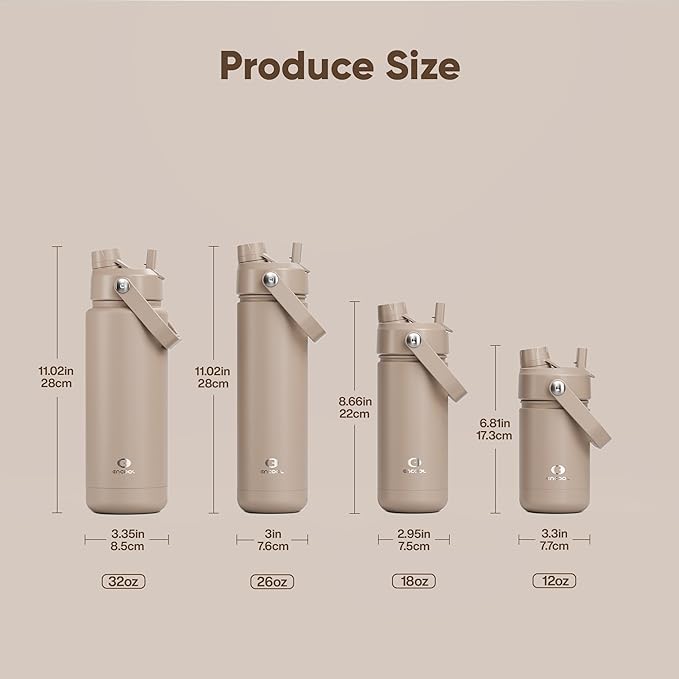 Insulated Water Bottle with Straw - Encool Stainless Steel Water Bottle, Leak-Proof, BPA-Free, Double Wall Vacuum Keeps Cold for 24 Hours for Sports, Travel, School (26 oz, Raw Umber)