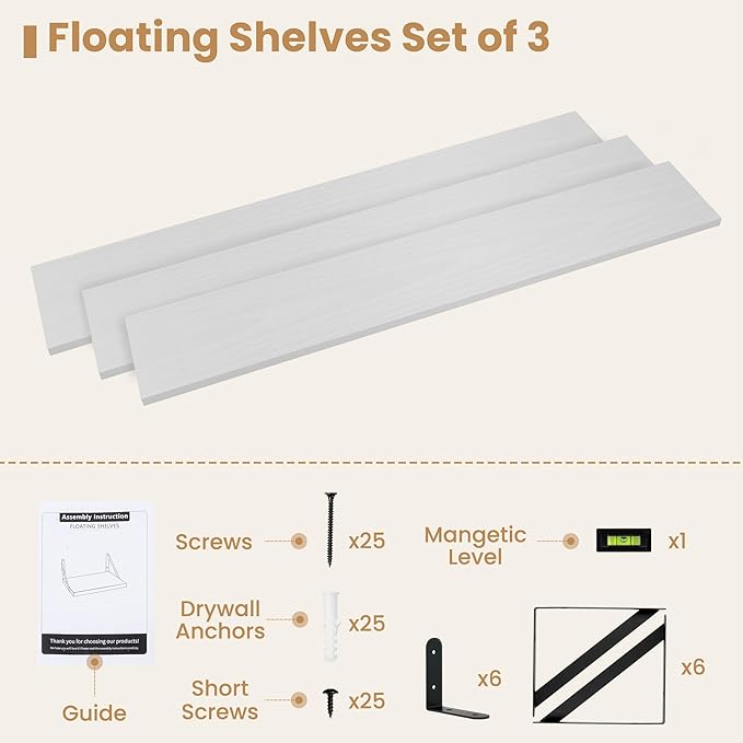 Heimlove 48 Inch Large Floating Bookshelves Set of 3,White Wall Mounted Bookshelves,Heavy Duty Wooden Shelves for Living Room,Bedroom,Kitchen,Laundry Room Storage & Decor