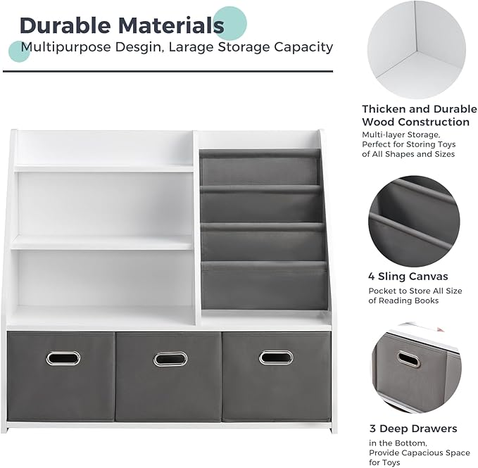 Kids Bookshelf, Kids Toy Storage Organizer with Storage Bins, Wooden Bookshelf and Book Display Shelf for Bedroom, Playroom, Nursery, Classroom, White