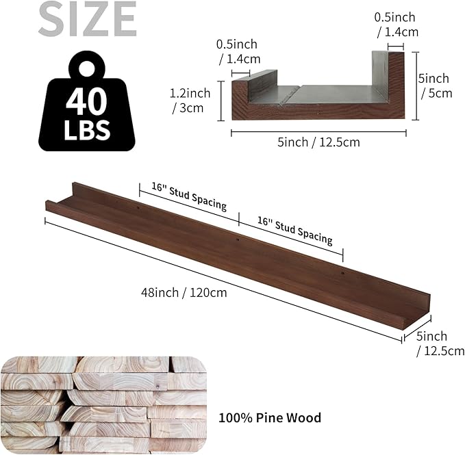 SAUMONIERES Picture Ledge Shelf Floating Book Shelves Set of 2 Wall Mounted Solid Wood for Bedroom Bathroom Living Room Kitchen, 48 Inch Walnut