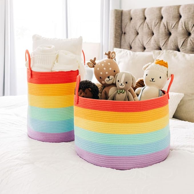 OrganiHaus Tall Rainbow Rope Blanket Basket for Living Room Decor, Cute Woven Baby Laundry Basket, Baby Nursery Hampers for Toys, Kids Laundry Hamper for Dirty Clothes, Decor for Kids Classroom