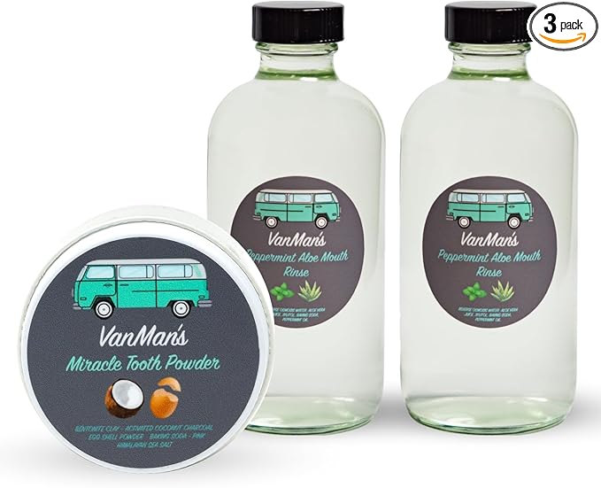 Vanman's - Oral Mouth Care Kit with Powder Toothpaste (2.5 Ounce) and Two Oral Rinse Mouthwash (8 Ounce) - Aloe, Mint Remineralizing Mouthwash and Tooth Powder with Coconut Charcoal, Egg Shell