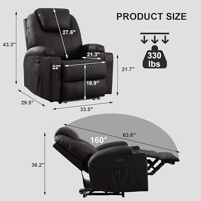 Power Recliner Chair with Heat and Massage, PU Leather Home Theater Seating with LED Lights/Cup Holders/Side Pocket/USB Port, Reclining Sofa Chair for Living Room (1, Black)