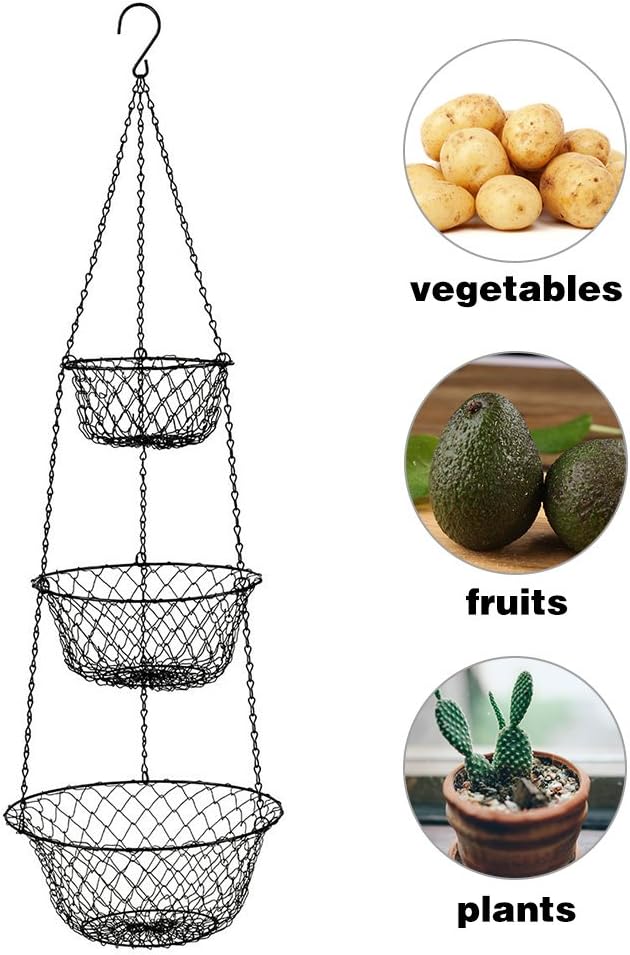 malmo 3-Tier Wire Fruit Hanging Basket, Vegetable Kitchen Storage Basket, Iron Wire Black (Basket2024)
