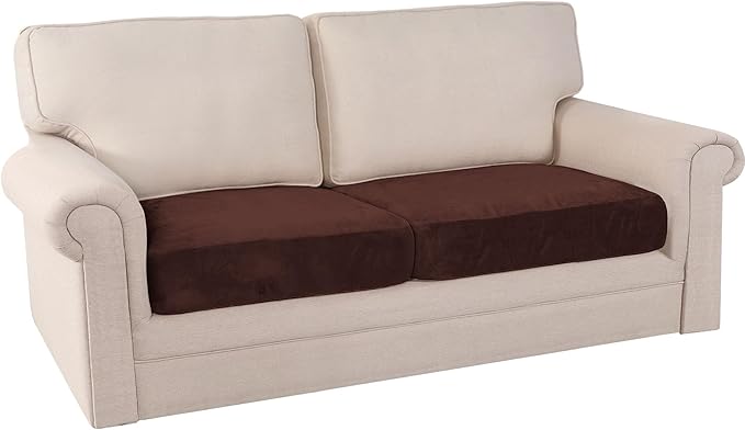 PrinceDeco Velvet Couch Cushion Cover Soft Stretch Cushion Slipcover for Chair Loveseat Sofa Cushion Furniture Protector Seat Cushion Sofa Cover (2 Piece Large Sofa Cushion Covers, Brown)
