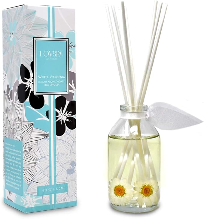 LOVSPA Reed Diffuser Set, White Gardenia Scented Oil Diffuser with Sticks, Home Fragrance Accessories for Bathroom Shelf Decor, Aroma Diffusers for Home or Office Desk, USA Made