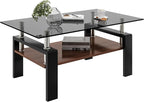 Glass Coffee Table Rectangle Living Room Center Table, with Gray Tempered Glass Tabletop and Brown MDF Layer,for Living Room and Office, Gray+Brown