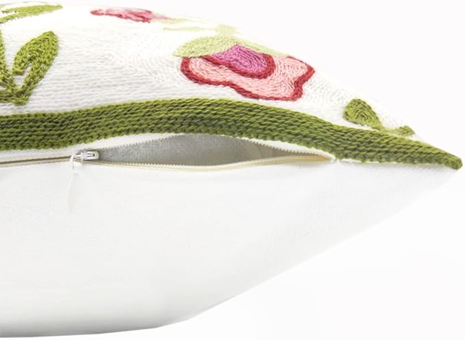 Alysheer Floral Embroidered Summer Decorative Throw Pillow Covers 18"x 18" Set of 2, Farmhouse Cottage Pink Flowers Green Leaves Knit Pattern Cotton Canvas Cushion Case for Sofa Couch Bed Living Room