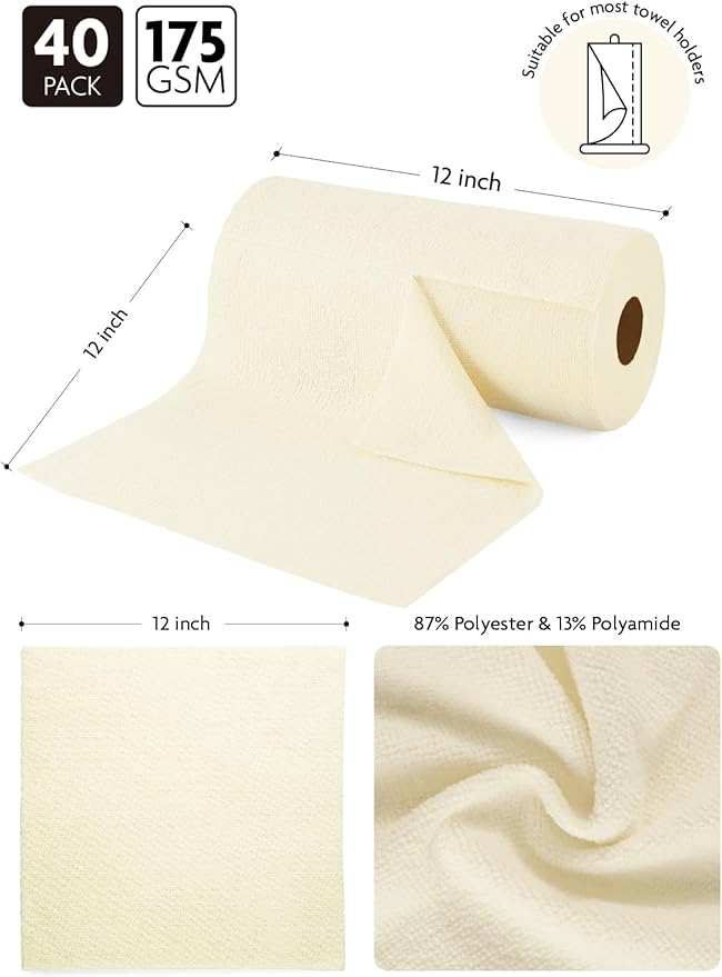 Fantasticlean Microfiber Cleaning Cloth Roll -40 Pack, Tear Away Microfiber Towels, 12" x 12", Reusable, Washable, Scratch Free, Ultra Absorbent Dish Rags for Car, Home, Garage or Shop (Beige)