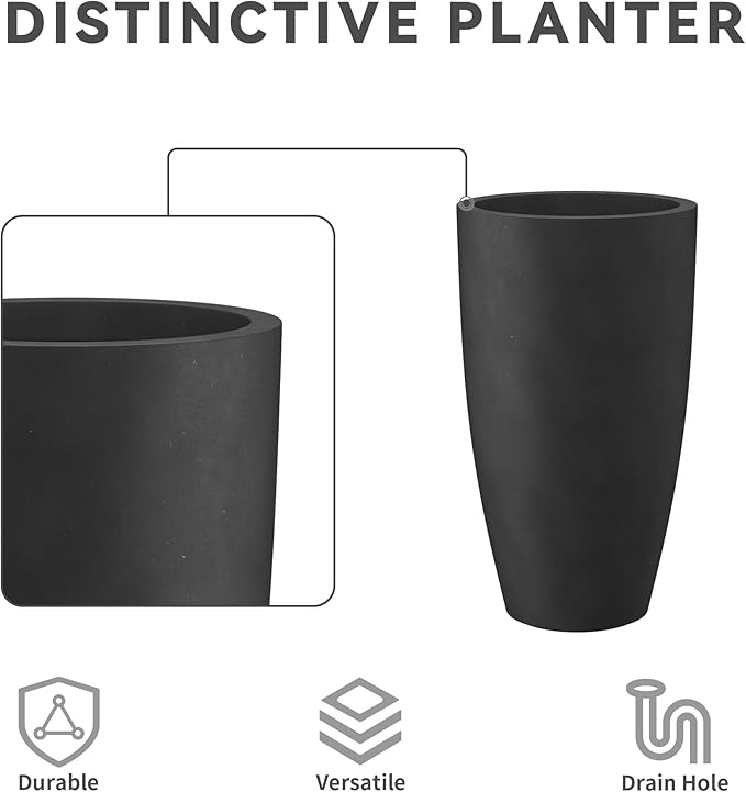 Kante 23.6" H Black Finish Concrete Tall Planters Large Outdoor Indoor Decorative Plant Pots with Drainage Hole and Rubber Plug, Modern Tapered Style for Home and Garden