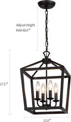 AMZASA Farmhouse Rustic Black Lantern Chandelier Hanging Light Fixture 4-Lights for Kitchen Island Dining Room Hallway Entryway Foyer UL Listed