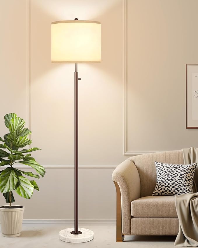 Nintiue 【Upgraded】 Dimmable Floor Lamp for Living Room, 11W LED Bulb Included, Modern Standing Lamp with Marble Base, Tall Pole Light with Linen Shade for Bedroom Reading Office Corner Nursery-Brown