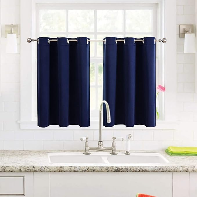 ChrisDowa Small Window Curtains for Kitchen and Bedroom - Grommet Short Thermal Insulated Room Darkening Curtains (2 Panels, Navy Blue, 52 x 36 Inch)
